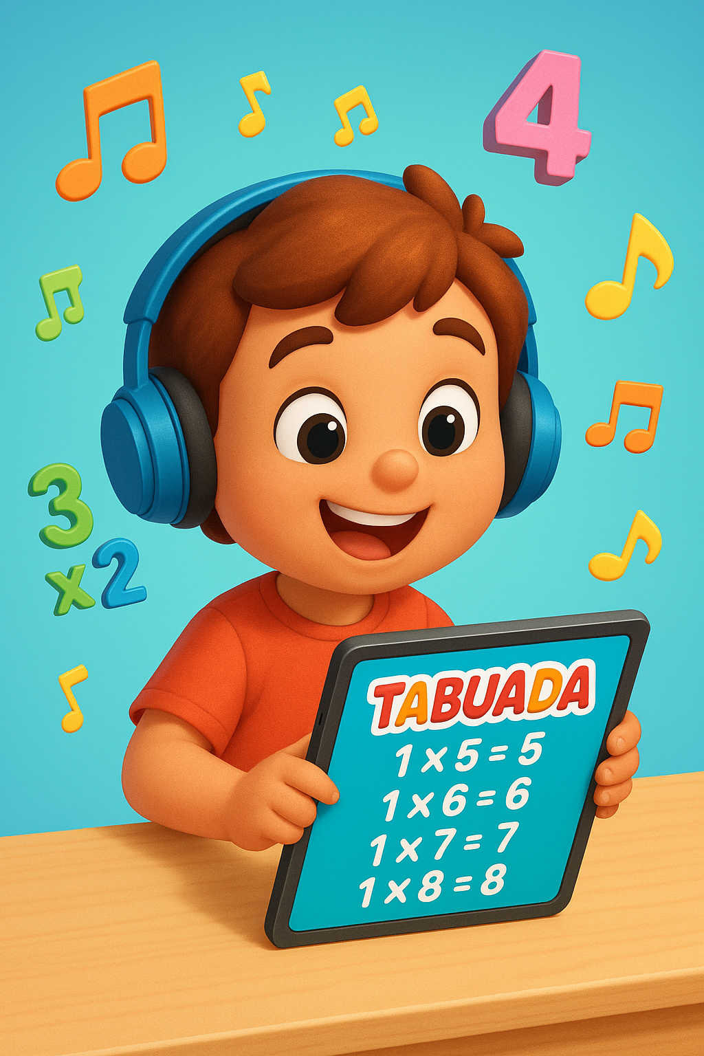 Criança feliz aprendendo tabuada com música